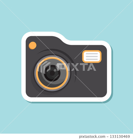 Photo camera sticker icon in flat style. Photography equipment vector illustration on isolated background. Professional photographic sign business concept. 133130469