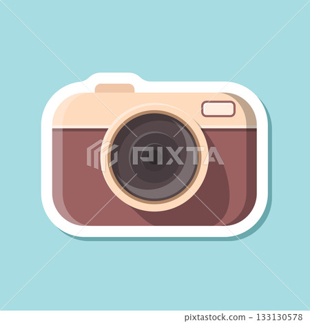 Photo camera sticker icon in flat style. Photography equipment vector illustration on isolated background. Professional photographic sign business concept. 133130578