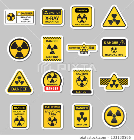 Radioactive material warning sticker icon set collection in flat style. Radiation danger vector illustration on isolated background. Caution sign business concept. 133130596