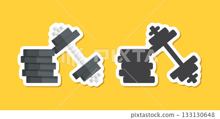 Dumbbell sticker icon in flat style. Workout gym tool vector illustration on isolated background. Barbell fitness equipment sign business concept. Dumbbell sticker icon in flat style. Workout gym tool vector illustration on isolated background. Barbell fitness equipment sign business concept. 133130648