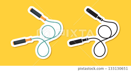 Jumping rope sticker icon in flat style. Gymnastic equipment vector illustration on isolated background. Training instrument sign business concept. Jumping rope sticker icon in flat style. Gymnastic equipment vector illustration on isolated background. Training instrument sign business concept. 133130651