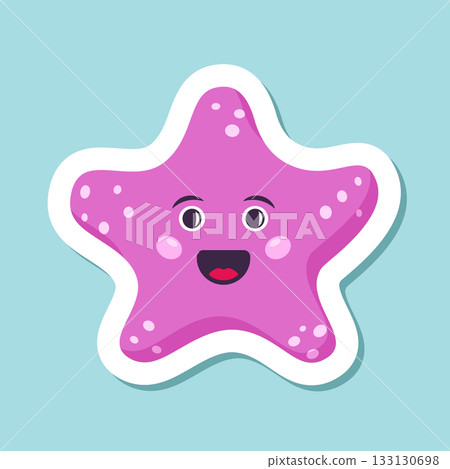 Cute smiling starfish sticker icon in flat style. Sea stars vector illustration on isolated background. Sea animal sign business concept. Cute smiling starfish sticker icon in flat style. Sea stars vector illustration on isolated background. Sea animal sign business concept. 133130698