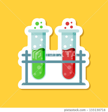 Science lab bottle sticker icon in flat style. Laboratory glassware equipment vector illustration on isolated background. Test tube sign business concept. Science lab bottle sticker icon in flat style. Laboratory glassware equipment vector illustration on isolated background. Test tube sign business concept. 133130718