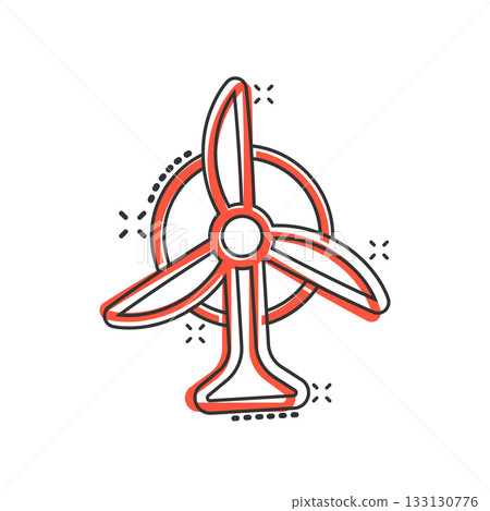 Wind power plant icon in comic style. Turbine cartoon vector illustration on white isolated background. Air energy splash effect sign business concept. 133130776