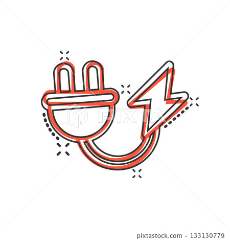 Electric plug icon in comic style. Power adapter cartoon vector illustration on white isolated background. Electrician splash effect sign business concept. Electric plug icon in comic style. Power adapter cartoon vector illustration on white isolated background. Electrician splash effect sign business concept. 133130779