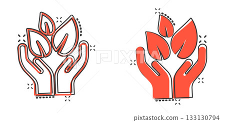 Hand with plant icon in comic style. Flower sprout cartoon vector illustration on white isolated background. Environmental protection splash effect sign business concept. 133130794