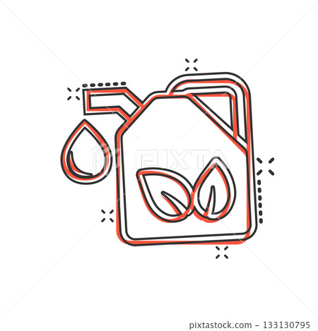 Gasoline canister icon in comic style. Petrol can cartoon vector illustration on white isolated background. Fuel container splash effect sign business concept. 133130795