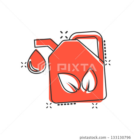 Gasoline canister icon in comic style. Petrol can cartoon vector illustration on white isolated background. Fuel container splash effect sign business concept. 133130796