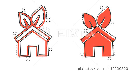 House with leaf icon in comic style. Flower garden cartoon vector illustration on white isolated background. Ecology splash effect sign business concept. House with leaf icon in comic style. Flower garden cartoon vector illustration on white isolated background. Ecology splash effect sign business concept. 133130800