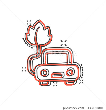 Eco car icon in comic style. Leaf and auto cartoon vector illustration on white isolated background. Bio charging splash effect sign business concept. 133130801