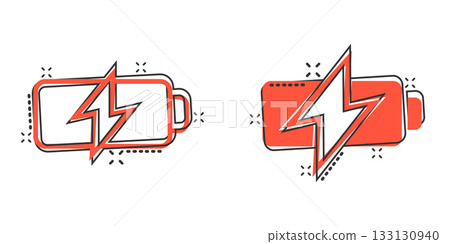 Battery icon in comic style. Accumulator cartoon vector illustration on white isolated background. Energy charger splash effect business concept. Battery icon in comic style. Accumulator cartoon vector illustration on white isolated background. Energy charger splash effect business concept. 133130940