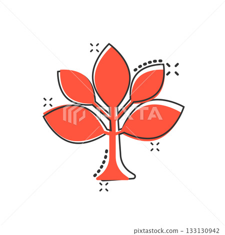 Leaf icon in comic style. Plant cartoon vector illustration on white isolated background. Flower splash effect sign business concept. 133130942