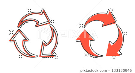 Recycle icon in comic style. Reuse cartoon vector illustration on white isolated background. Recycling splash effect sign business concept. Recycle icon in comic style. Reuse cartoon vector illustration on white isolated background. Recycling splash effect sign business concept. 133130946