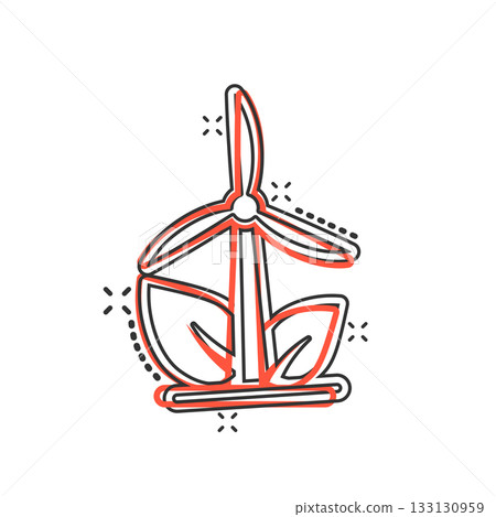 Eco energy icon in comic style. Leaf wind power plant cartoon vector illustration on white isolated background. Electrician splash effect sign business concept. 133130959