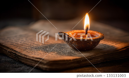 Warm light from an oil lamp illuminates an ancient book in a dark room during evening hours 133131003