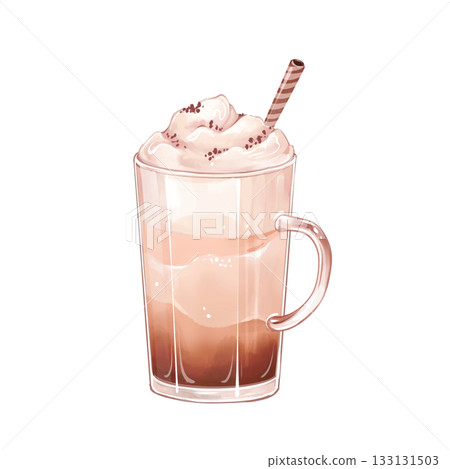 Hand-drawn isolated illustration of a glass mug filled with hot latte or cappuccino, topped with whipped cream. Perfect for cafe menu design, coffee shop branding, drink packaging, or food blog decor. Hand-drawn isolated illustration of a glass mug filled with hot latte or cappuccino, topped with whipped cream. Perfect for cafe menu design, coffee shop branding, drink packaging, or food blog decor. 133131503