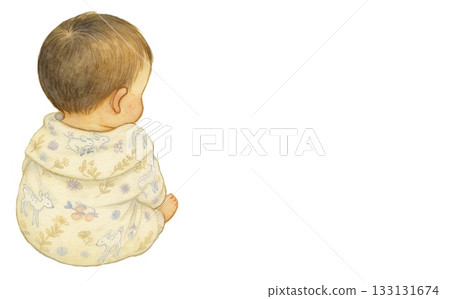 小背影，可愛的男嬰，白色背景和留白 [AI 生成圖像] 133131674