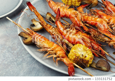 Tasty langoustines shrimp kabobs grilled. 133131752