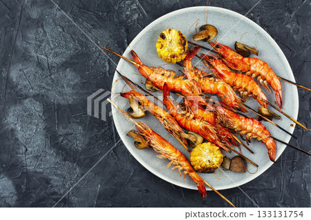 Langoustines on skewers, shrimp kebab Langoustines on skewers, shrimp kebab 133131754
