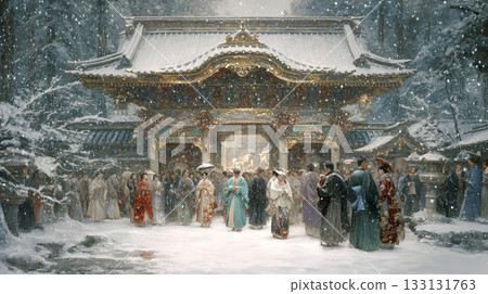 人們在雪中參觀寺廟 133131763