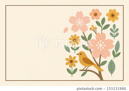 以櫻花和鳥類裝飾的春季橫版相框模板（插圖）。 133131988