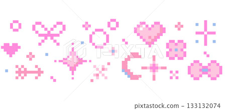 Cute pixel border nice pink pixel decoration. Y2k retro game 8 bit flower blossom, stars sparkles, butterfly, heart and cherry. Whimsical sparkling shining stars emoji, 133132074