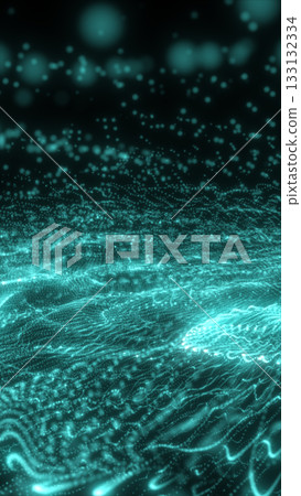 Abstract cyan glowing particles forming dynamic waves on a dark background, symbolizing data visualization and motion Abstract cyan glowing particles forming dynamic waves on a dark background, symbolizing data visualization and motion 133132334