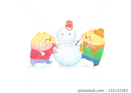 可愛的貓咪堆雪人的水彩插畫 可愛的貓咪堆雪人的水彩插畫 133132363