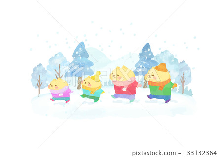 可愛的貓咪正在欣賞冬日雪景。水彩插畫 可愛的貓咪正在欣賞冬日雪景。水彩插畫 133132364