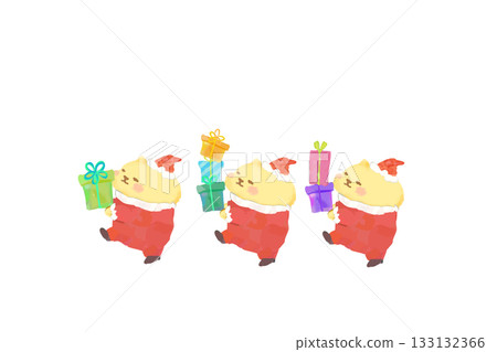 Cute cat Santa Claus walking with a present. Watercolor illustration. Cute cat Santa Claus walking with a present. Watercolor illustration. 133132366