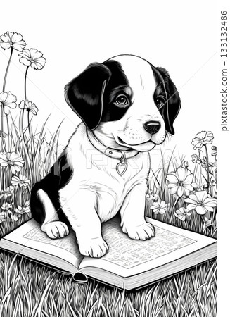 Cute puppy reading a book in the park coloring page. printable page for preschool kid 133132486