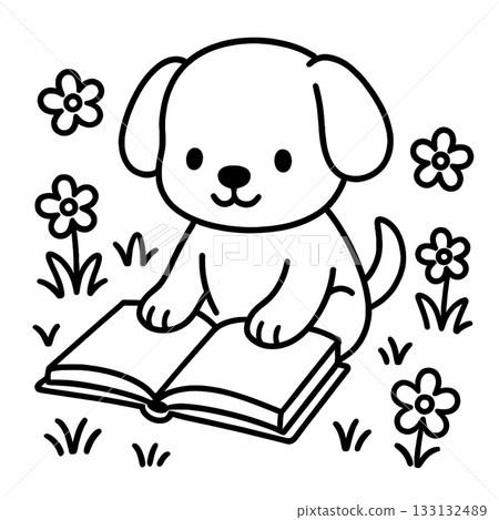 Cute puppy reading a book in the park coloring page. printable page for preschool kid Cute puppy reading a book in the park coloring page. printable page for preschool kid 133132489