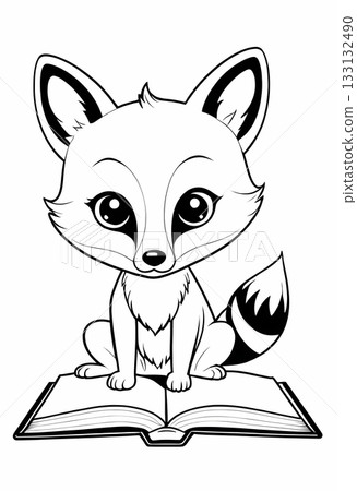 Cute fox reading a book coloring page, simple outline illustration. Preschool-friendly animal illustration for kids Cute fox reading a book coloring page, simple outline illustration. Preschool-friendly animal illustration for kids 133132490