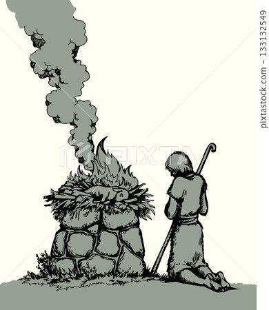 Vector drawing. Man Offers a Sacrifice to God Vector drawing. Man Offers a Sacrifice to God 133132549