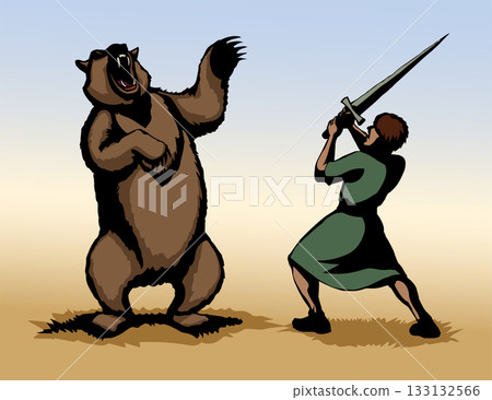 Vector drawing. An angry bear attacking man Vector drawing. An angry bear attacking man 133132566