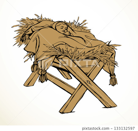 Vector drawing. Baby in a manger 133132597