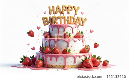 Birthday cake and Happy Birthday text - AI-generated material 133132610