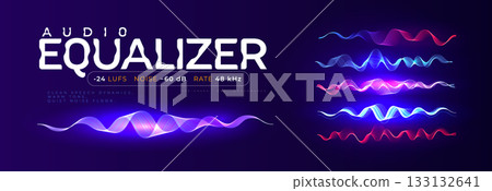Equalizer Waves Music Beat Elements Sound, Glowing Neon Blue Purple Magenta Waveforms Set, Radion Signal Isolated Waving Lines, Neon Glowing Pulse Graph Equaliser Soundwaves. Vector Illustration 133132641