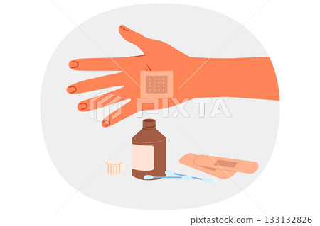 Patch on palm and medicinal ointment in glass bottle help stop bleeding and avoid blood poisoning Patch on palm and medicinal ointment in glass bottle help stop bleeding and avoid blood poisoning 133132826