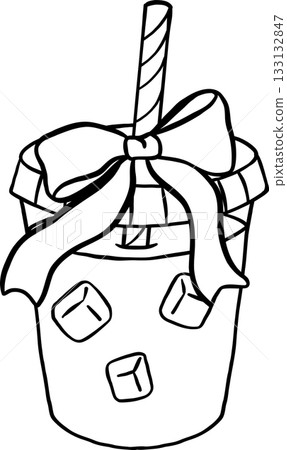 Coquette Drink Ice Coffee with Ribbon Bow and straw Outline Black and white hand drawn 133132847