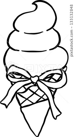 Coquette Ice Cream Cone with Ribbon Bow Outline Black and white hand drawn 133132848