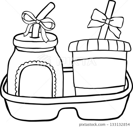 Set of Takeaway Drinks with Ribbon Bow in Tray Outline Black and white hand drawn Set of Takeaway Drinks with Ribbon Bow in Tray Outline Black and white hand drawn 133132854