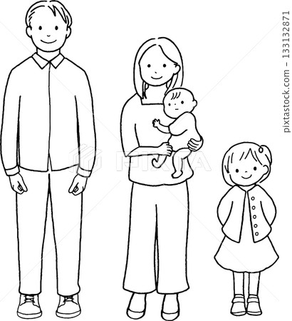 Illustration of a father, mother, daughter and baby. Line art. 133132871