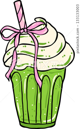 Girly Coquette Matcha Whipped cream Drink with Pink Ribbon Bow Cartoon Hand Drawn Girly Coquette Matcha Whipped cream Drink with Pink Ribbon Bow Cartoon Hand Drawn 133133003