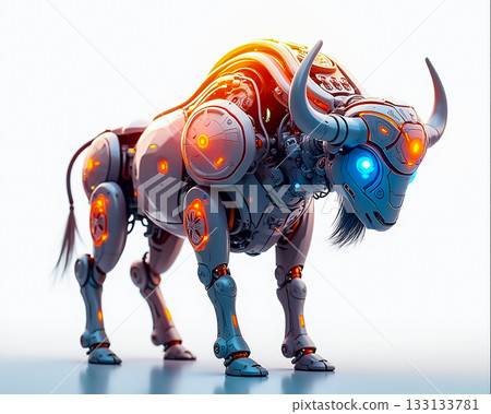 Robotic bull with glowing features stands in a futuristic landscape during the evening 133133781