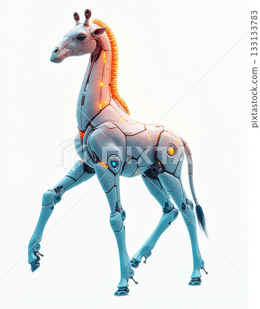 Robotic giraffe walking in futuristic landscape during bright daylight 133133783