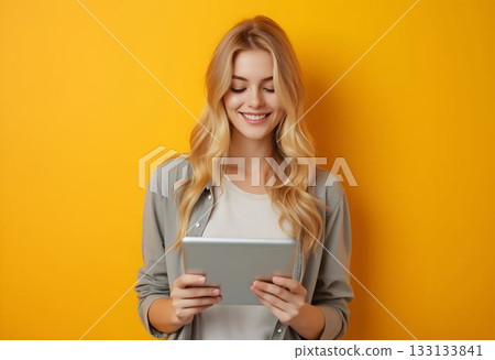 Woman with long blonde hair smiles while using a tablet against a bright yellow background in a casual indoor setting 133133841