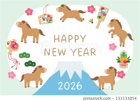 2026年年新年賀卡模板。馬、新年、向量圖、富士山 133133854