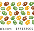 A seamless pattern of coffee beans in warm brown and beige tones creating a cozy 133133905