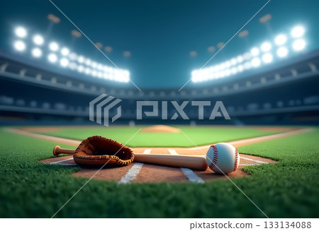 Baseball equipment rests on the field at night in a stadium filled with bright lights and an empty stands 133134088
